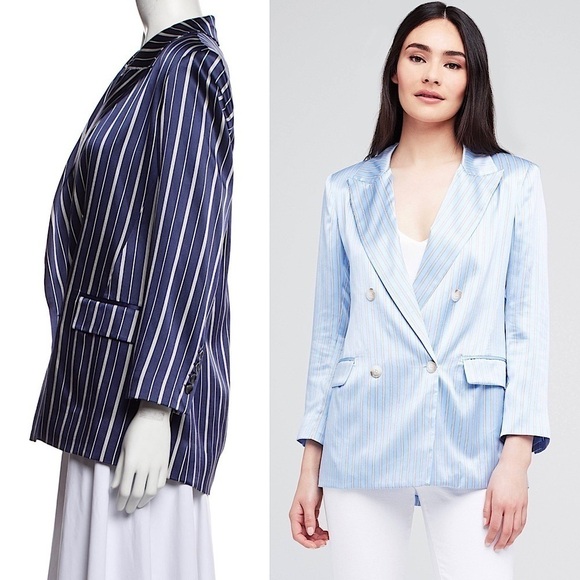 NWT L’AGENCE Silk Satin Navy Stripe Double Breasted Relaxed Fit Blazer Jacket S - Picture 4 of 7